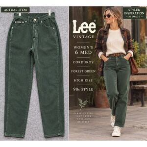 Lee Corduroy Pants Women's High Rise Tapered Green 6 MED Excellent Vintage 90s